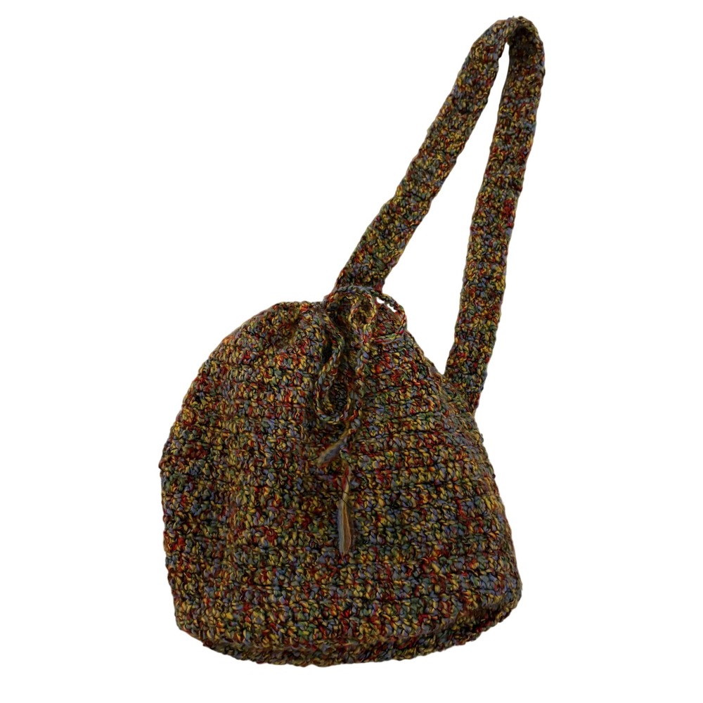 Handmade Crochet Multi Color Variegated Knit Drawstring Shoulder Bucket Bag Boho